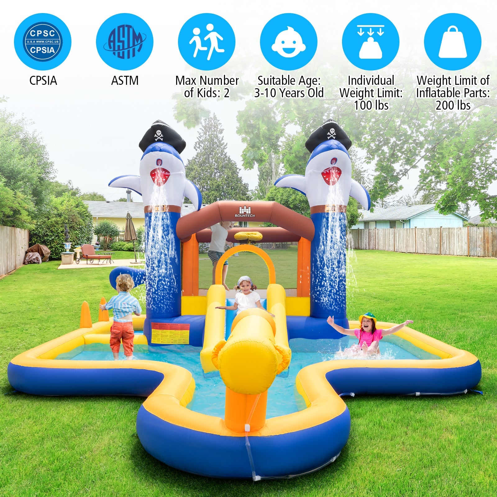Inflatable pirate-themed water park bounce house with yellow and blue slides; kids on lawn on Tampa Home & Garden Store