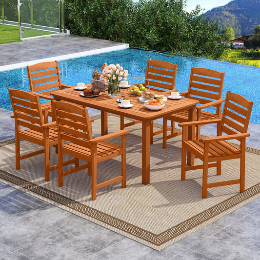 7 Pcs Outdoor Dining Set Teak Oil Finish Slatted Rectangular Dining Table and 6 Armchairs - Tampa Home & Garden Store