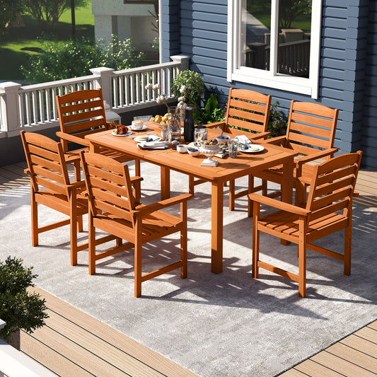 7 Pcs Outdoor Dining Set Teak Oil Finish Slatted Rectangular Dining Table and 6 Armchairs - Tampa Home & Garden Store