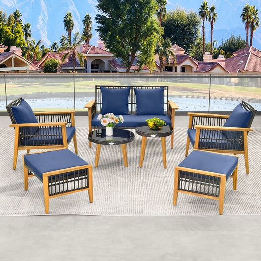 7 Piece Outdoor Conversation Set with Stable Acacia Wood Frame Cozy Seat & Back Cushions-Navy - Tampa Home & Garden Store
