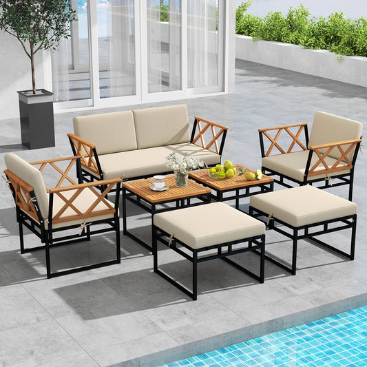 7 Piece Outdoor Conversation Set with Cushions and Bungee Rope Seat-Beige - Tampa Home & Garden Store