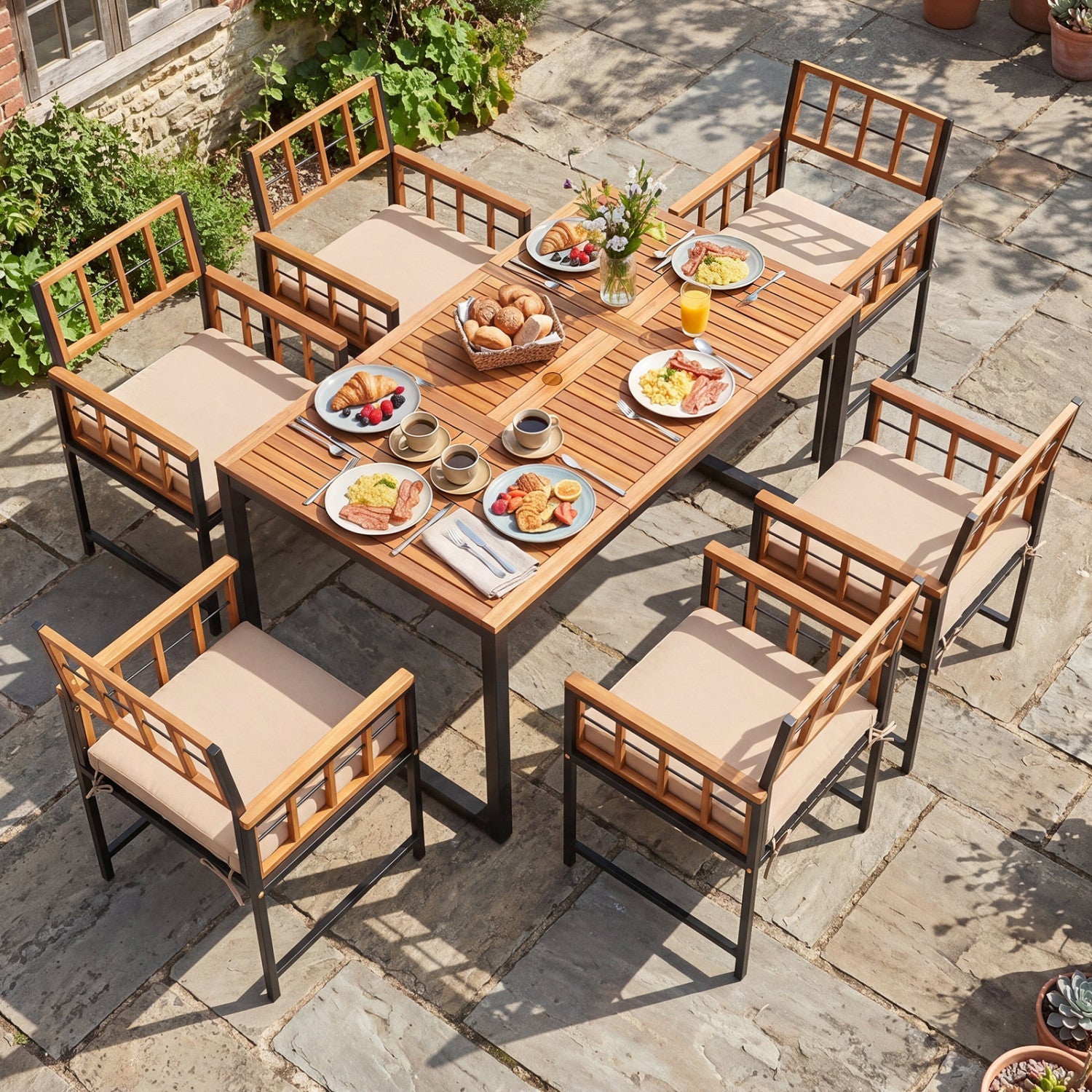 7-Piece Outdoor Dining Set with Acacia Wood Table & Chairs, beige cushions, black metal legs on Tampa Home & Garden Store
