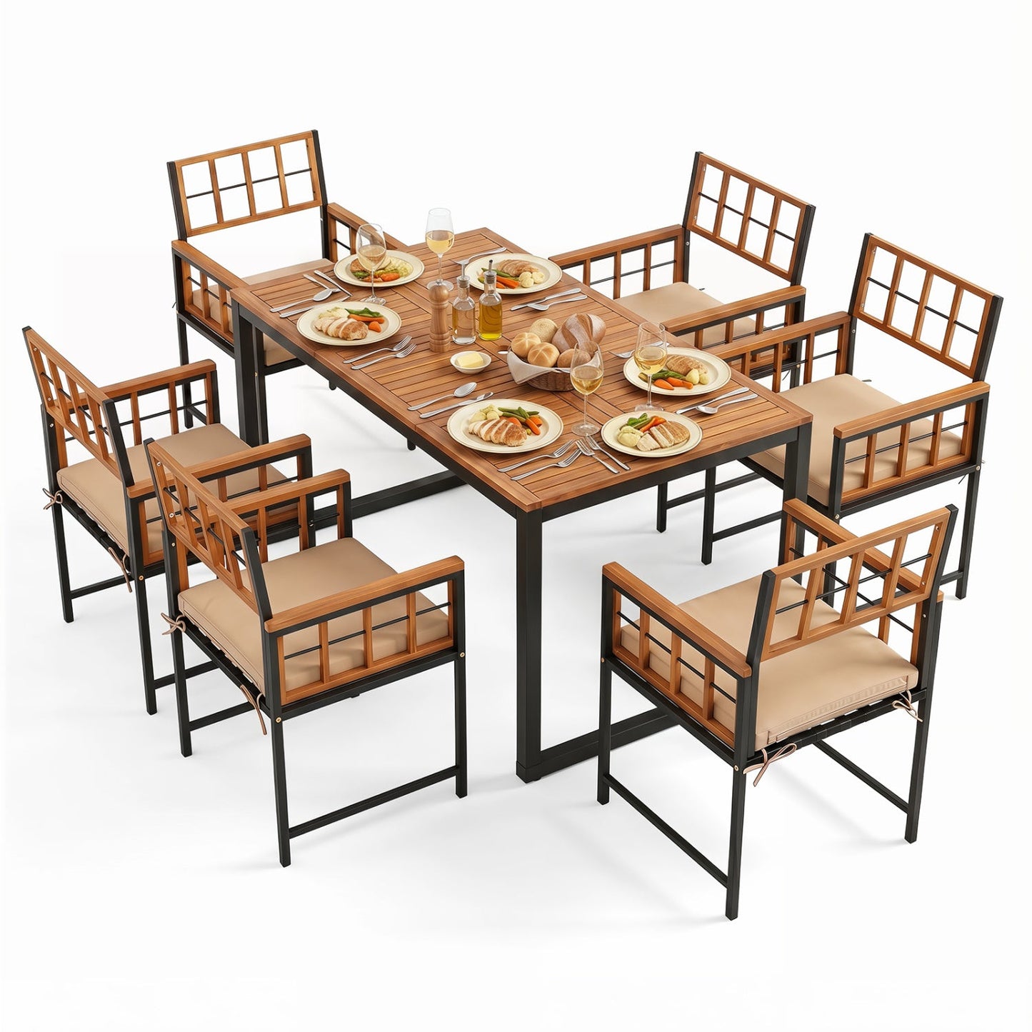 7-Piece DirectDeals patio dining set with acacia wood table and chairs, beige cushions on Tampa Home & Garden Store