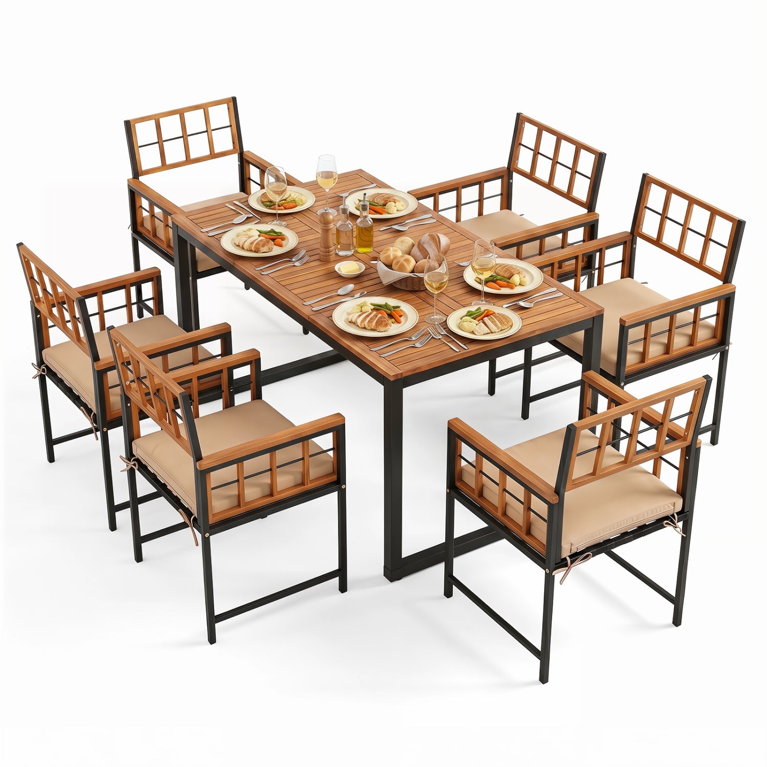 7-Piece DirectDeals patio dining set with acacia wood table and chairs, beige cushions on Tampa Home & Garden Store