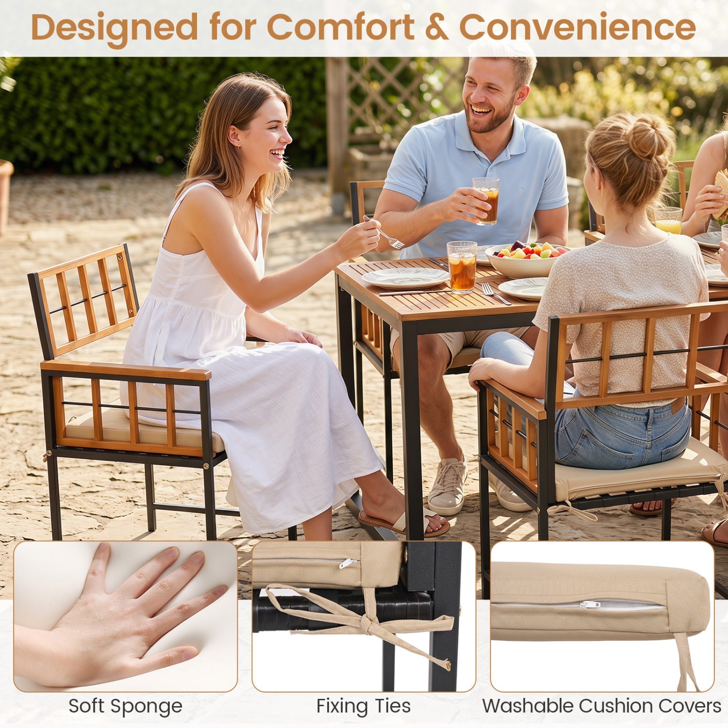 7-Piece Outdoor Dining Set with Acacia Wood Table & Chairs, natural brown with beige cushions on Tampa Home & Garden Store