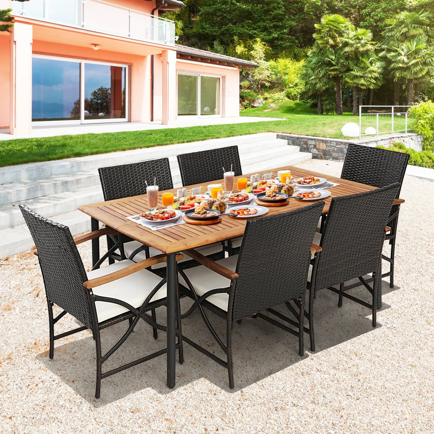 Juego de comedor para exteriores de 5/7 piezas con mesa de madera de acacia - 6 piezas +