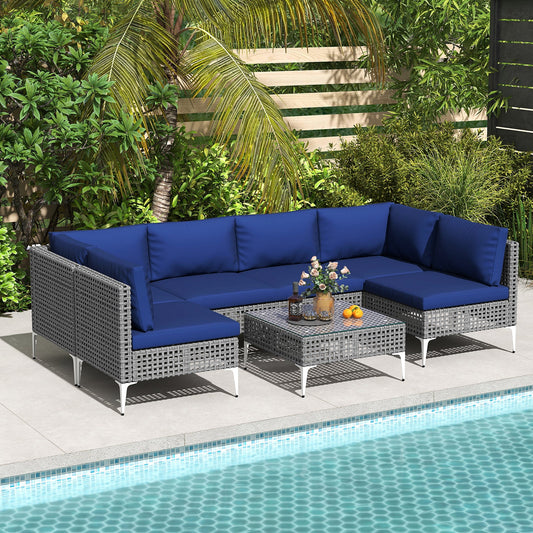 7 Piece Outdoor Furniture Set Wicker Chairs with Tempered Glass Coffee Table-Navy - Tampa Home & Garden Store