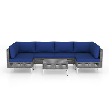 7 Piece Outdoor Furniture Set Wicker Chairs with Tempered Glass Coffee Table-Navy