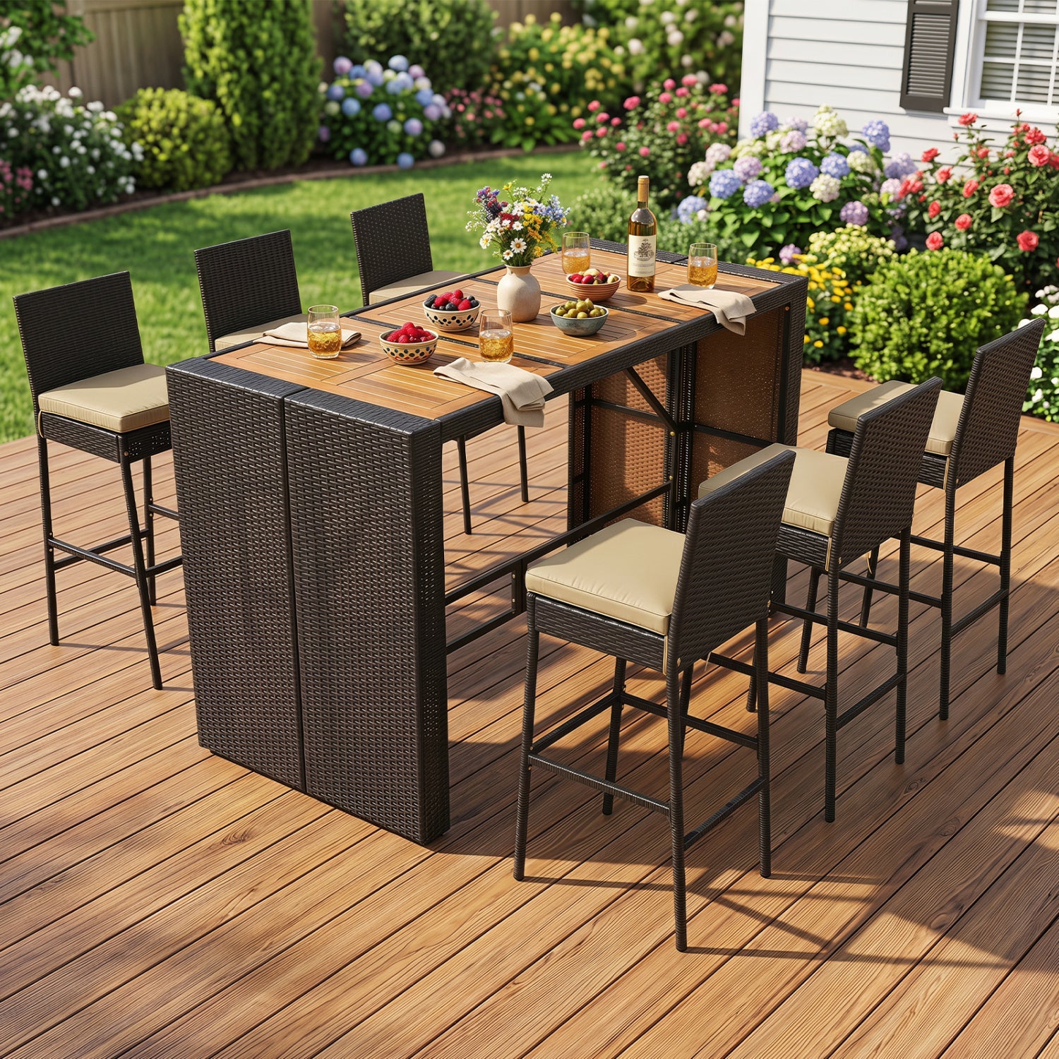 7-Piece Outdoor Wicker Bar Set with Acacia Table, dark wicker, beige cushions DirectDeals on Tampa Home & Garden Store
