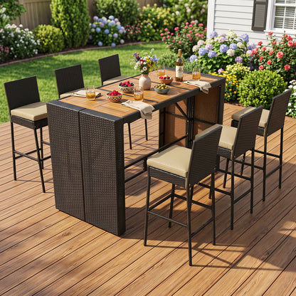7-Piece Outdoor Wicker Bar Set with Acacia Table, dark wicker, beige cushions DirectDeals on Tampa Home & Garden Store