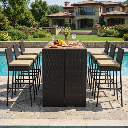 7-Piece outdoor wicker bar set with acacia wood table and six beige stools DirectDeals on Tampa Home & Garden Store