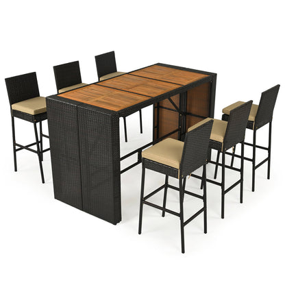 7-Piece Outdoor Wicker Bar Set with Acacia Wood Table & Stools, black wicker, beige cushions on Tampa Home & Garden Store