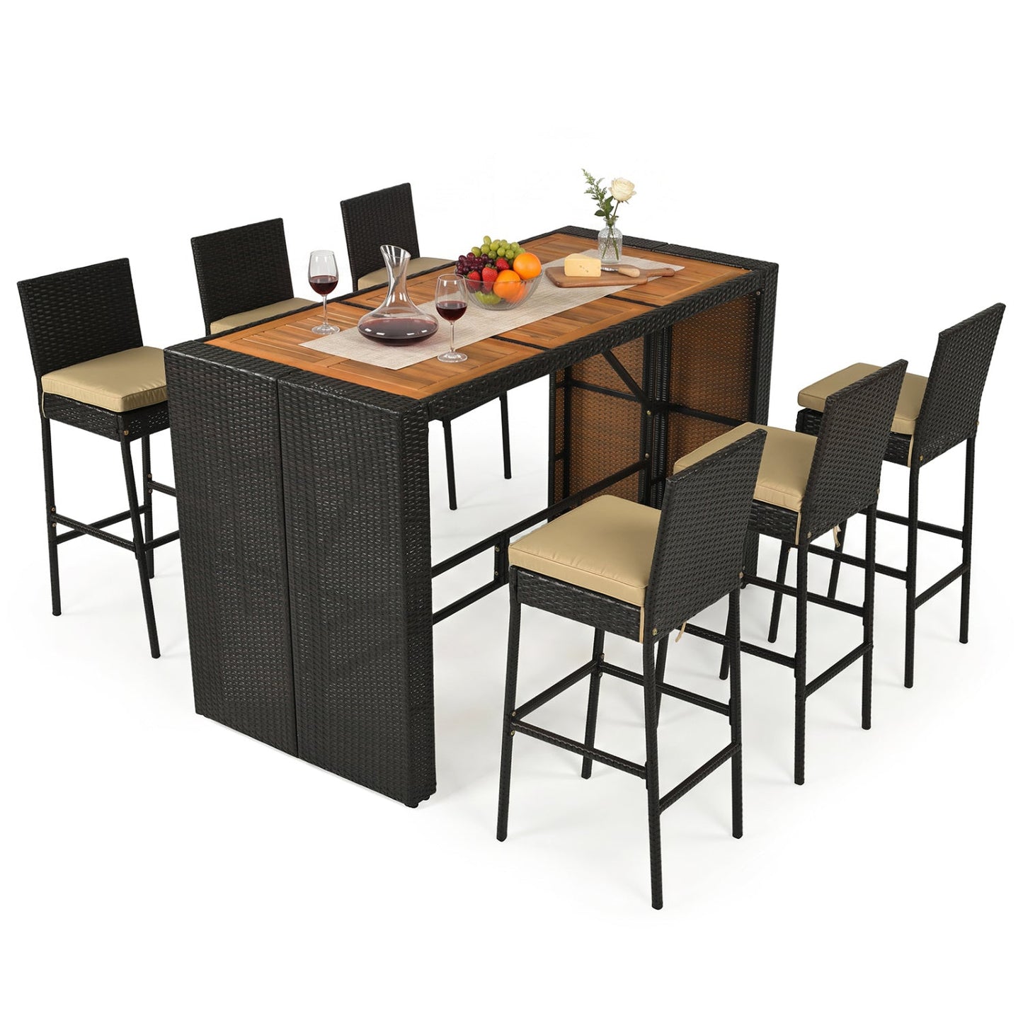 7-Piece DirectDeals Wicker Bar Set with Acacia Wood Table and Stools, black wicker, cushions on Tampa Home & Garden Store