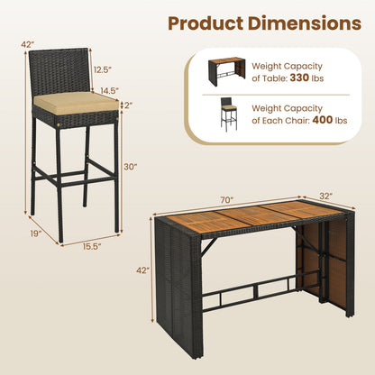 7-Piece Outdoor Wicker Bar Set with Acacia Table & Stools by DirectDeals, tan cushions, black wicker patio dining set on Tampa Home & Garden Store