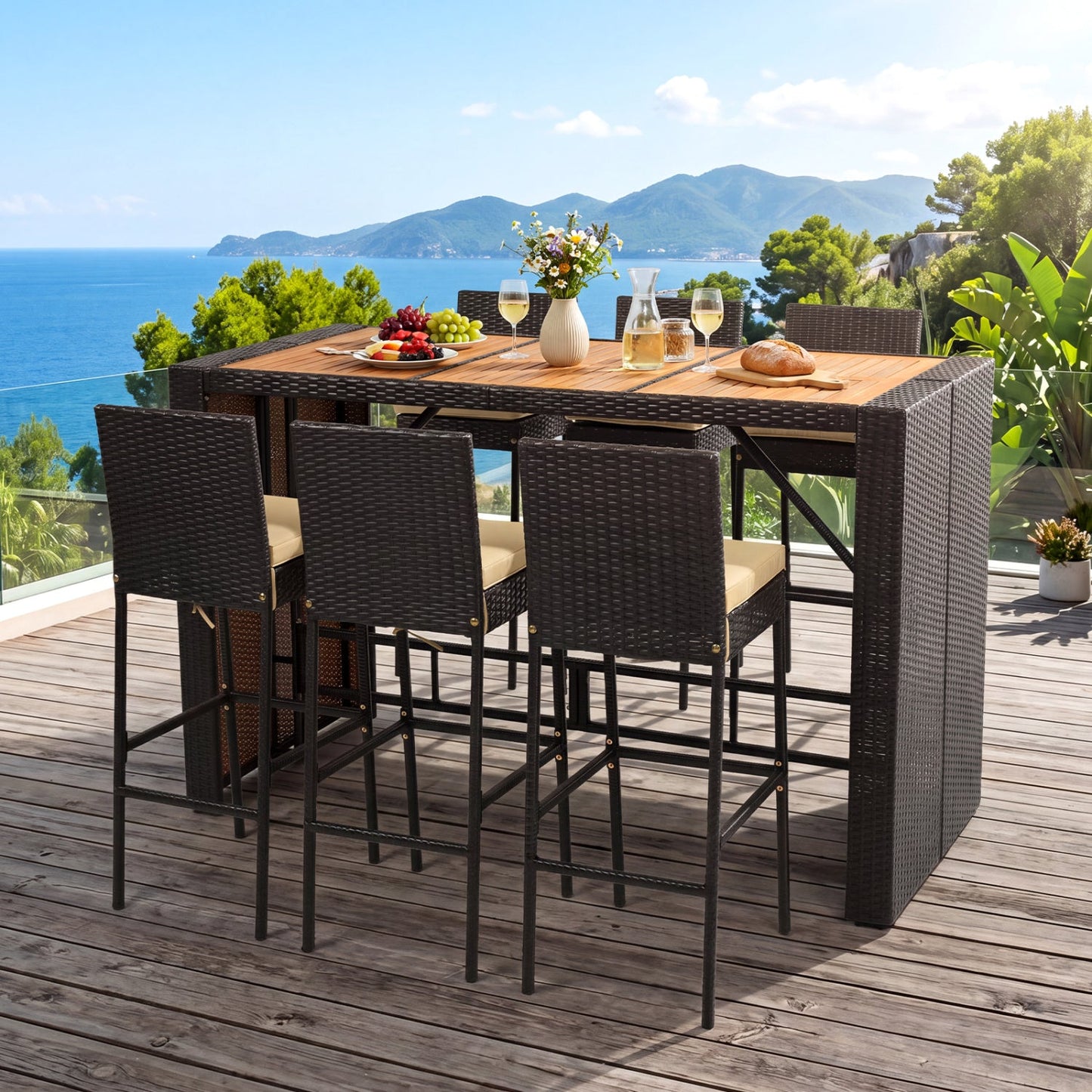 7-Piece outdoor wicker bar set with acacia wood table and 6 stools, dark brown wicker on Tampa Home & Garden Store