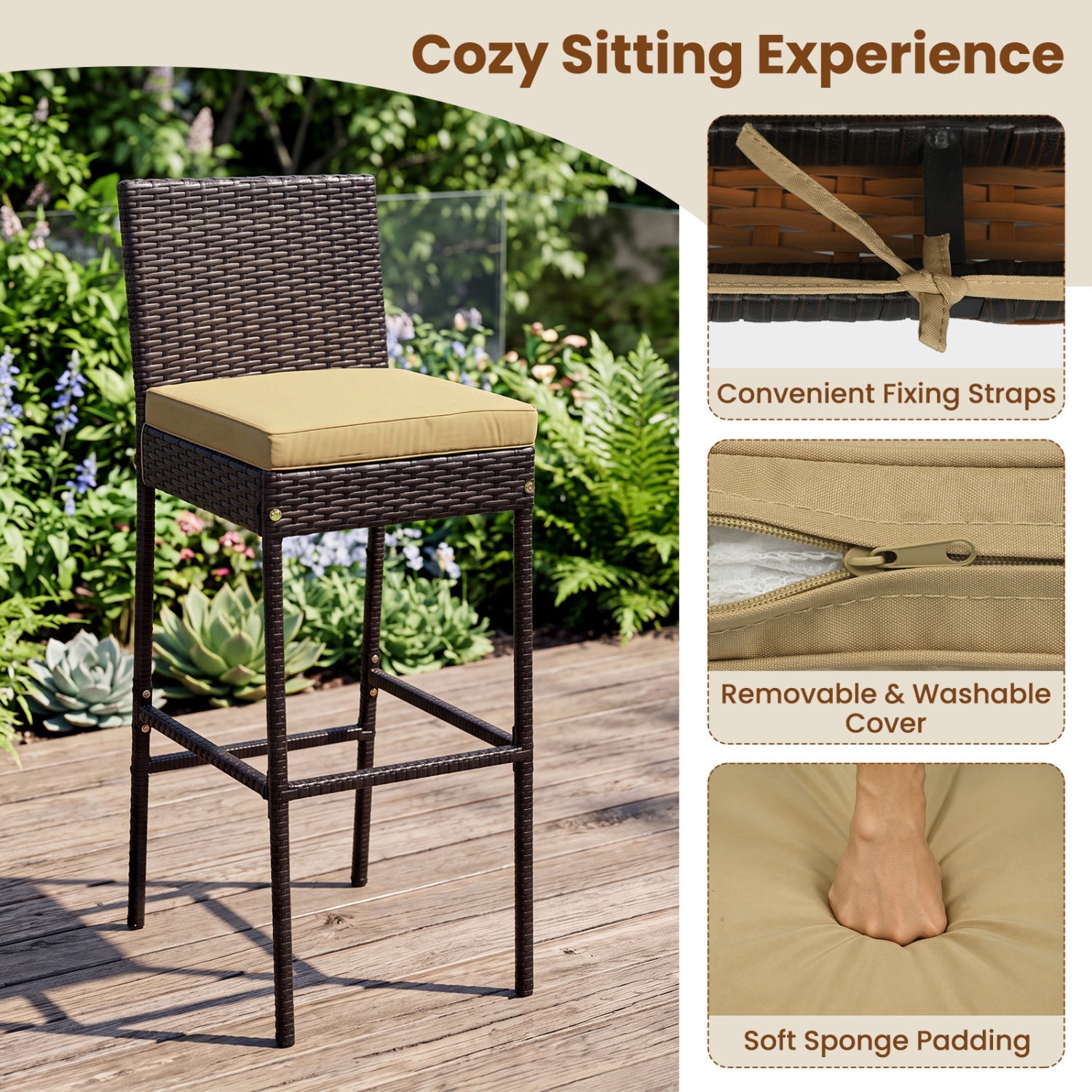 7-Piece Outdoor Wicker Bar Set with Acacia Table & Stools, brown wicker and tan cushions on Tampa Home & Garden Store