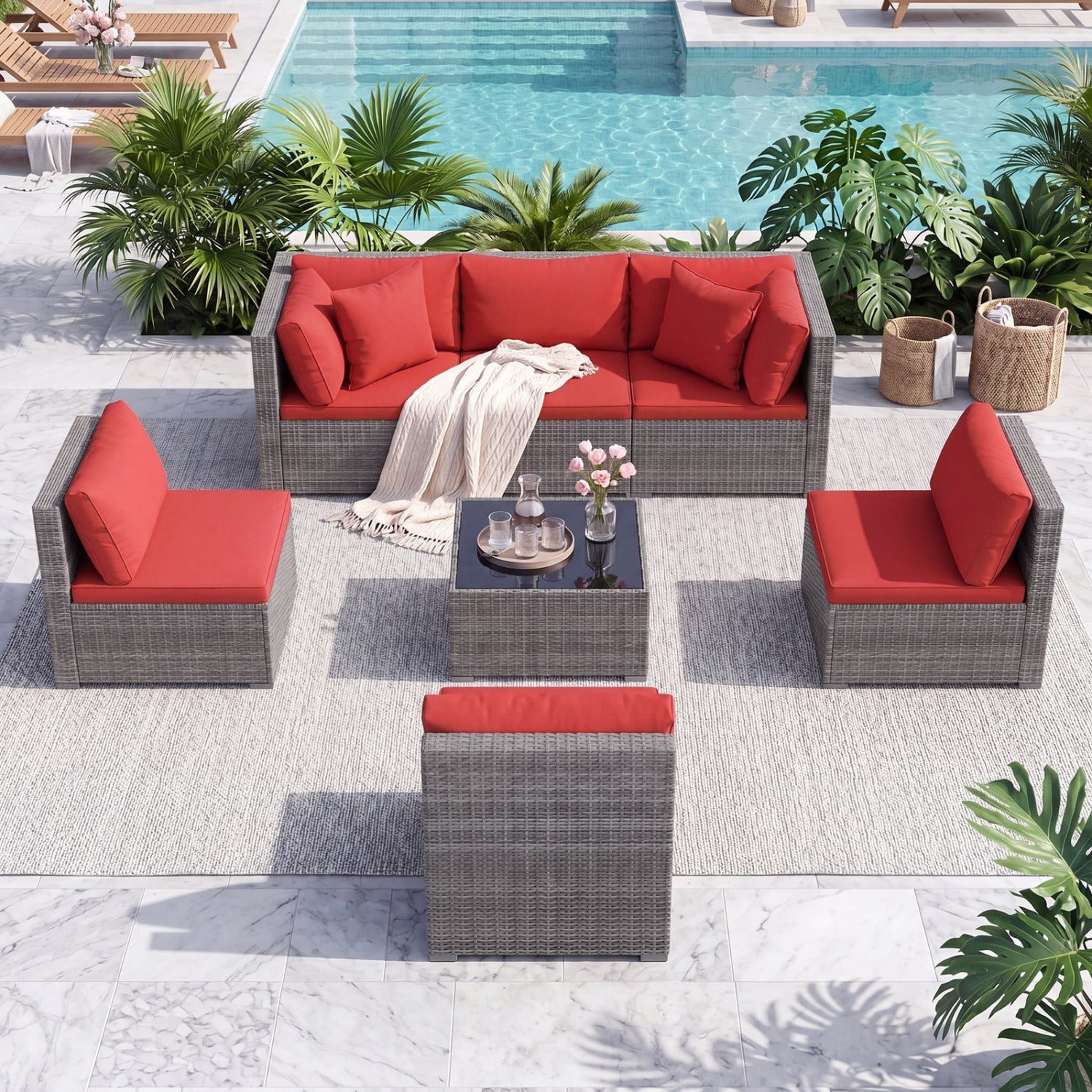 DirectDeals 7-Piece patio conversation set with glass-top table, gray wicker and red cushions on Tampa Home & Garden Store