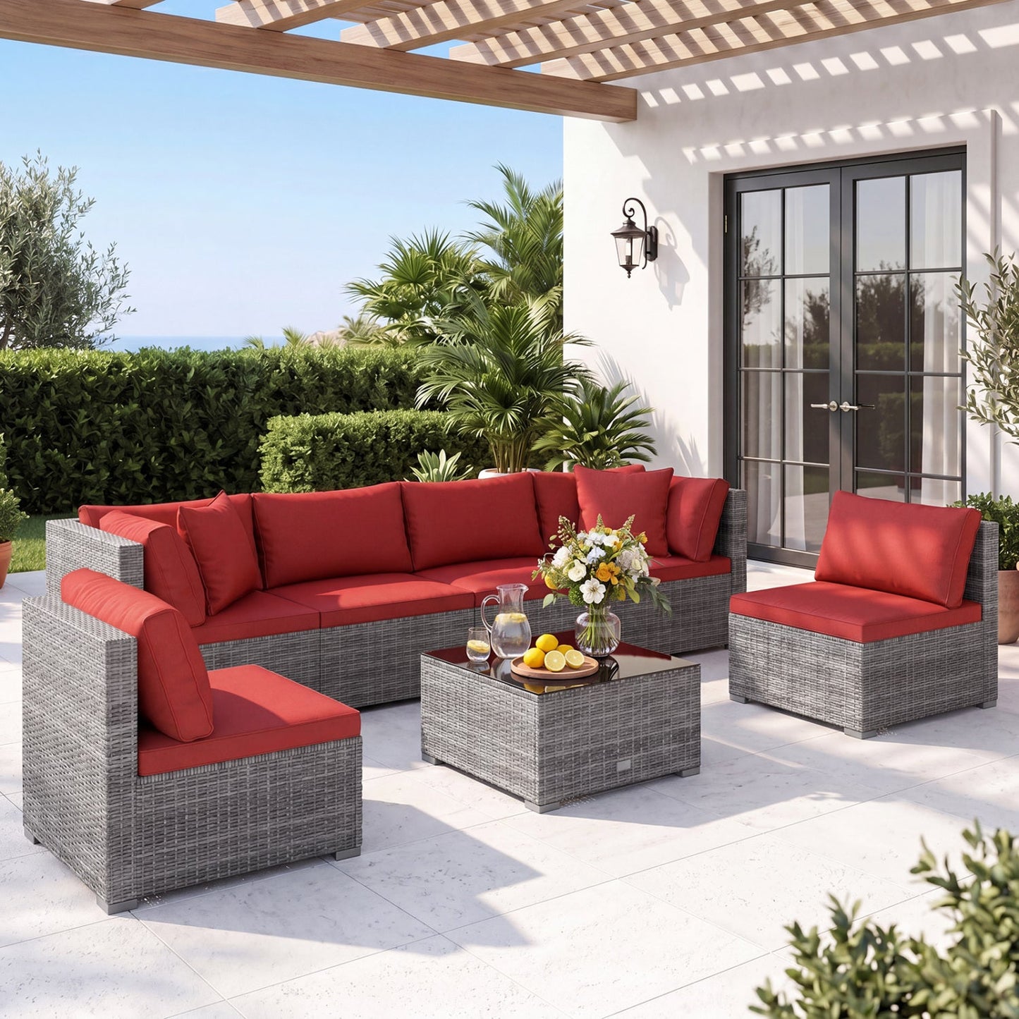 DirectDeals 7-piece patio conversation set with red cushions and glass table on gray wicker on Tampa Home & Garden Store