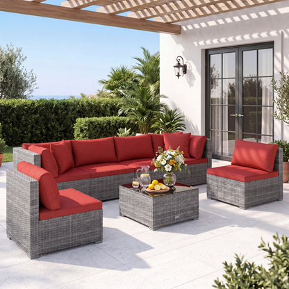 DirectDeals 7-piece patio conversation set with red cushions and glass table on gray wicker on Tampa Home & Garden Store