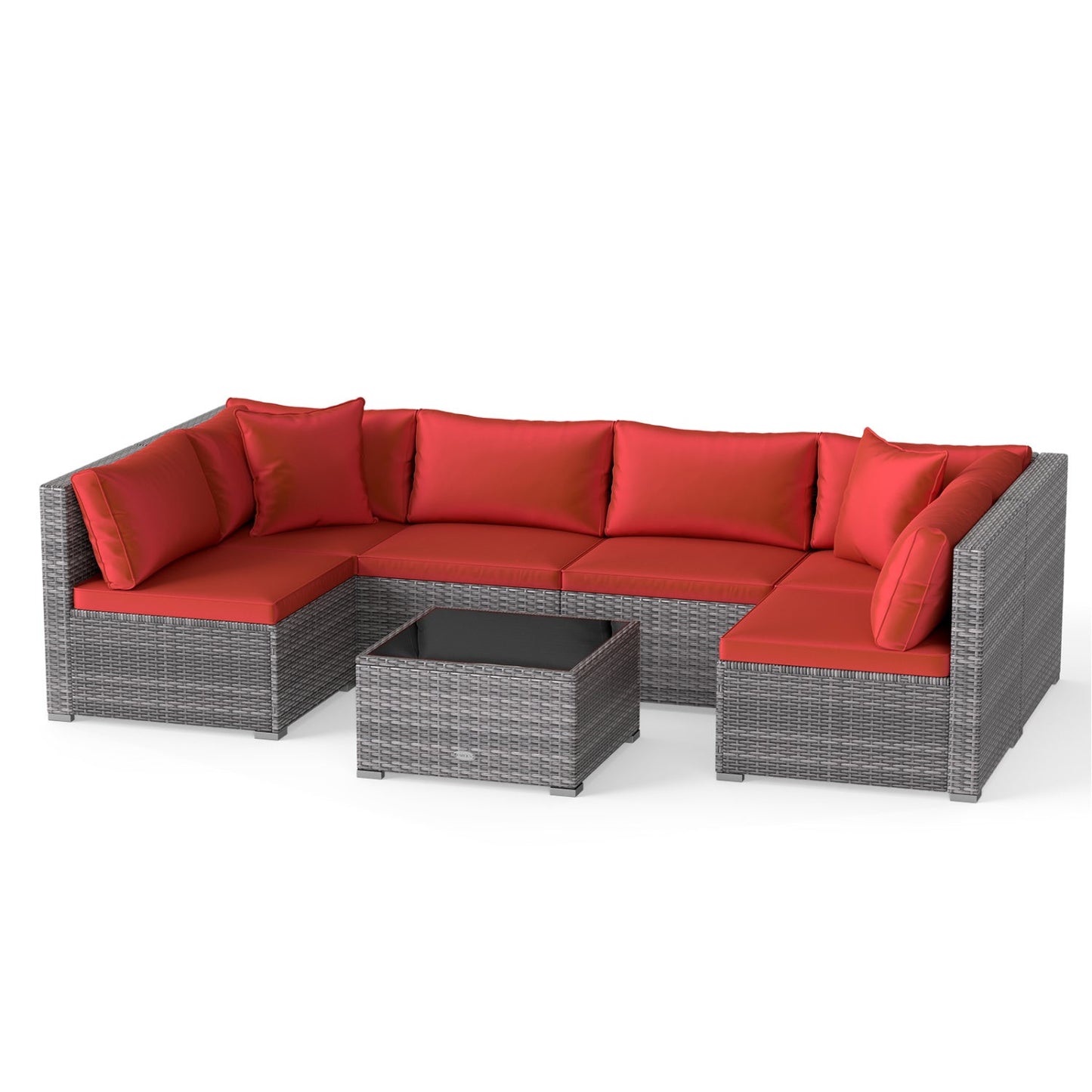 7-Piece Patio Conversation Set by DirectDeals with Glass Table, red cushions, gray wicker on Tampa Home & Garden Store