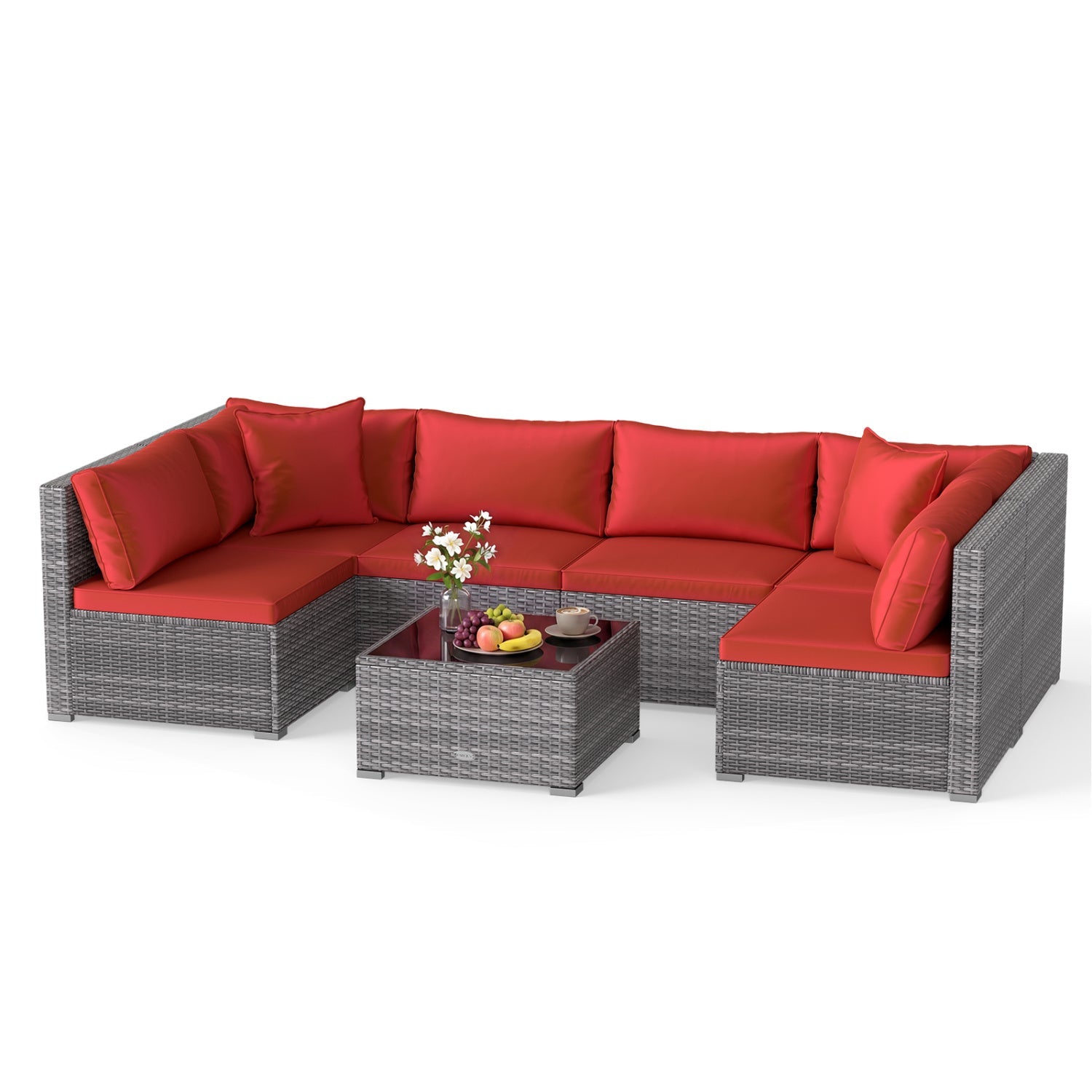 7-Piece Patio Conversation Set with Glass Table & Cushions, DirectDeals gray wicker, red cushions on Tampa Home & Garden Store