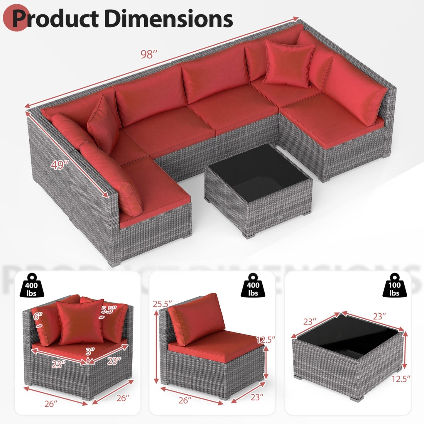 7-Piece Patio Conversation Set wicker with red cushions and glass-top coffee table DirectDeals on Tampa Home & Garden Store