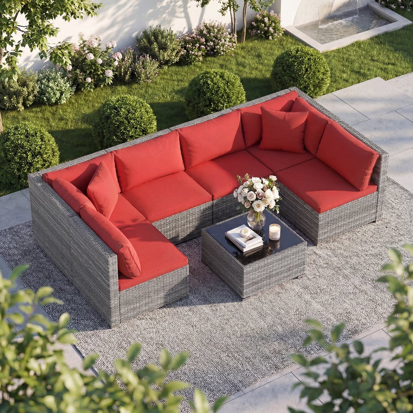 7-Piece Patio Conversation Set with Glass Table red cushions wicker DirectDeals on Tampa Home & Garden Store