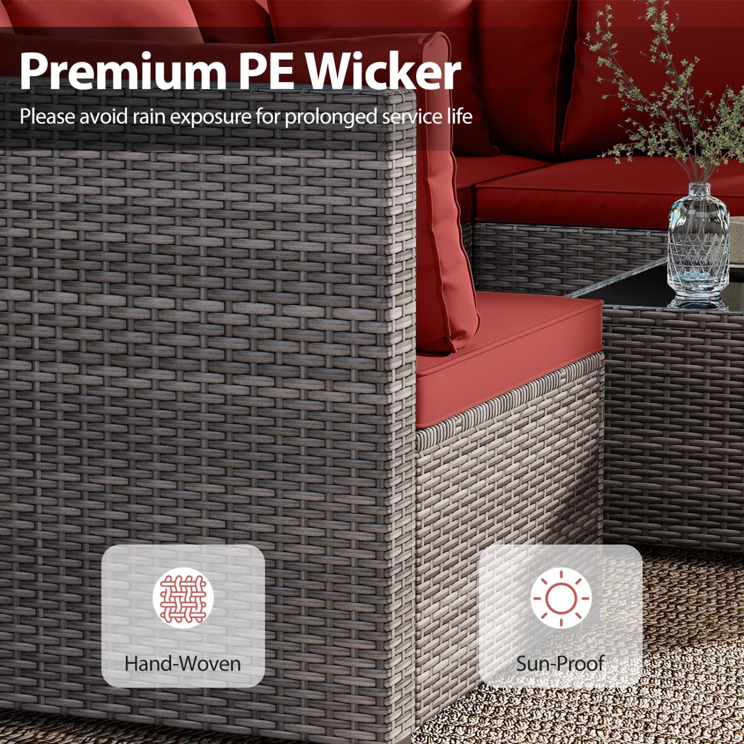 Patio Conversation Set 7-Piece dark-brown hand-woven rattan with red cushions DirectDeals on Tampa Home & Garden Store