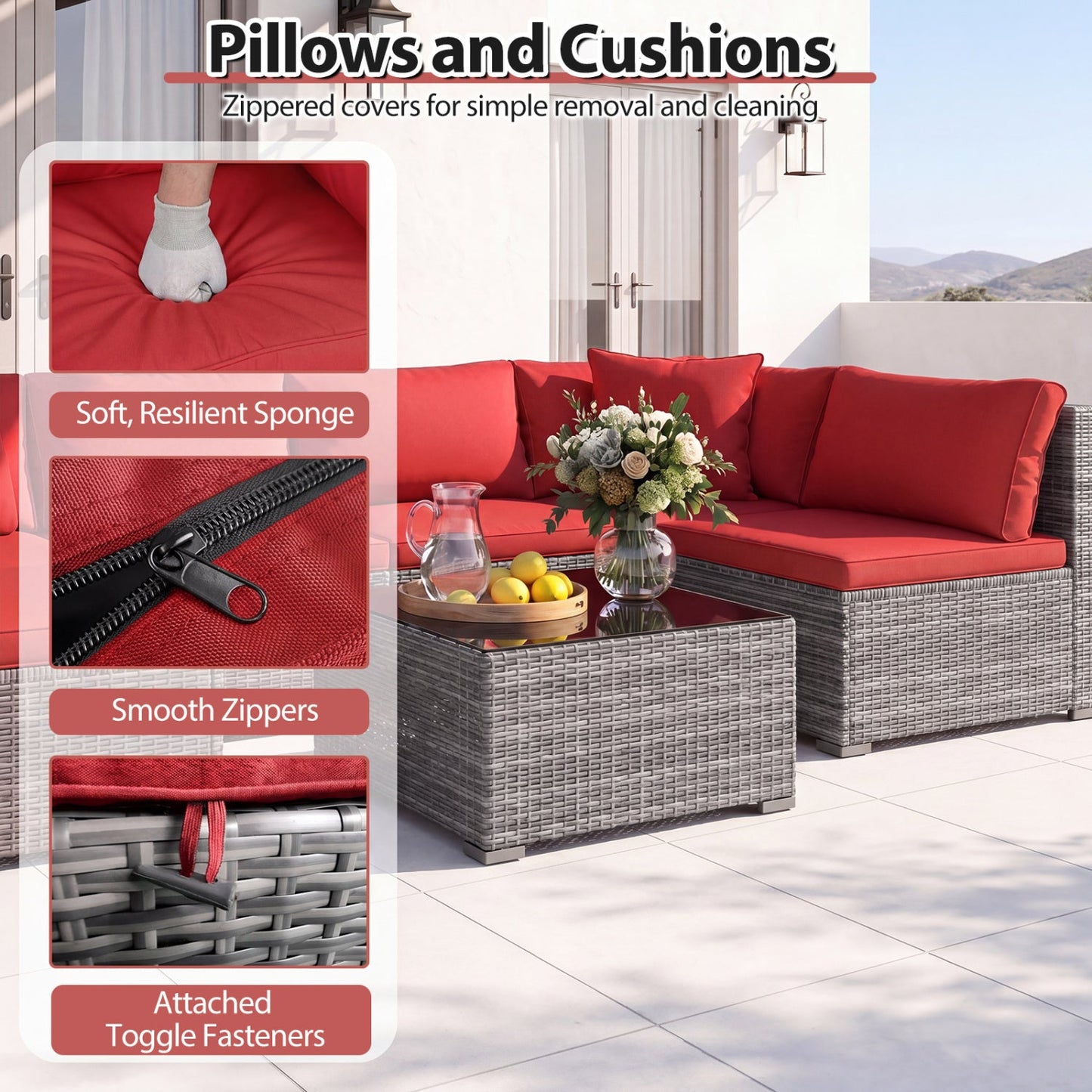 7-Piece DirectDeals patio conversation set with red cushions, gray wicker frames, glass table on Tampa Home & Garden Store