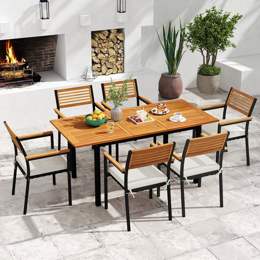 7-Piece Patio Dining Set Wood Metal with Seat Cushions and Umbrella Hole-White - Tampa Home & Garden Store