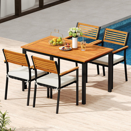 7-Piece Patio Dining Set Wood Metal with Seat Cushions and Umbrella Hole-White - Tampa Home & Garden Store