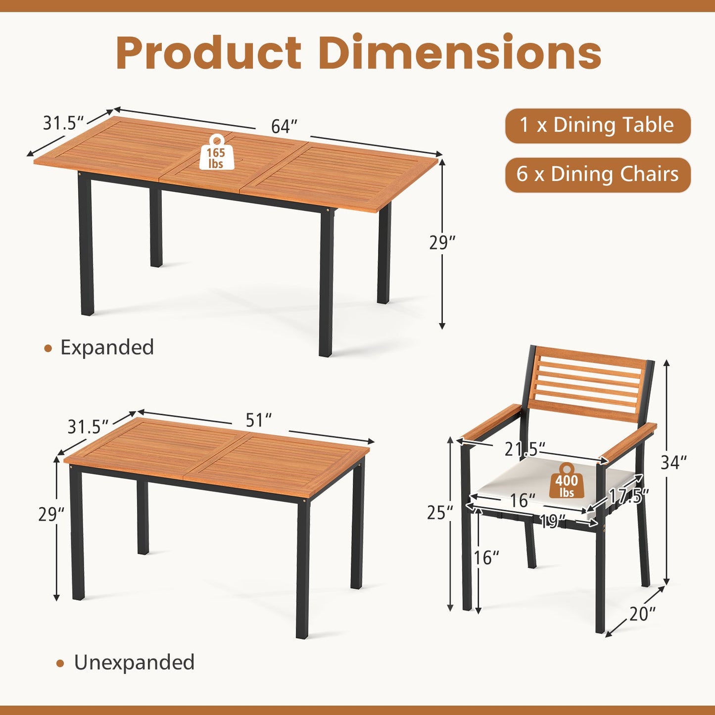 7-Piece Patio Dining Set Wood Metal with Seat Cushions and Umbrella Hole-White