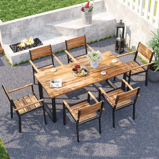 7 Pieces Acacia Wood Patio Dining Set with Metal Frame and 2 Inches Umbrella Hole - Tampa Home & Garden Store