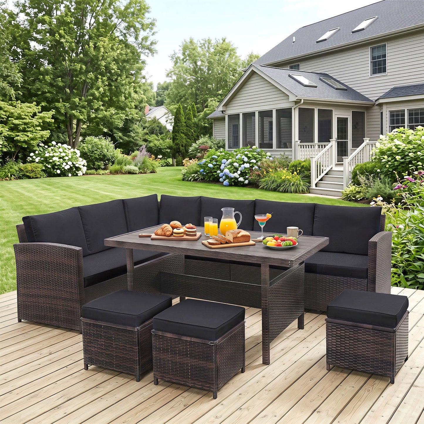 7-Piece Wicker Patio Set with Cushions by DirectDeals in dark brown wicker with black cushions on Tampa Home & Garden Store