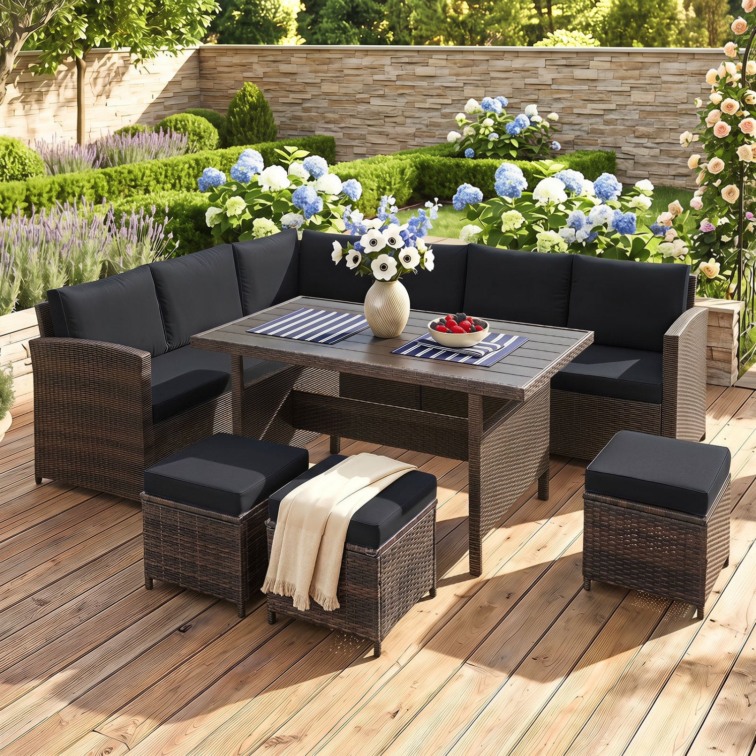 7-Piece wicker patio furniture set with navy cushions, sectional sofa with ottomans and table on Tampa Home & Garden Store