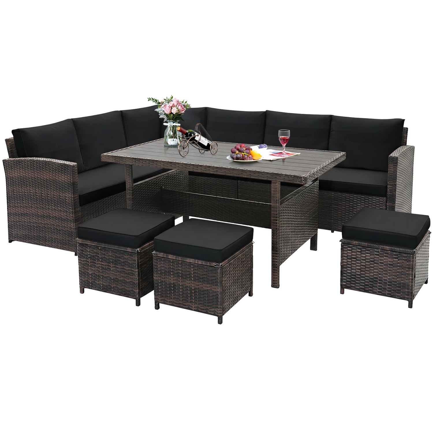 7-Piece wicker patio set with black cushions from DirectDeals, includes table and ottomans on Tampa Home & Garden Store