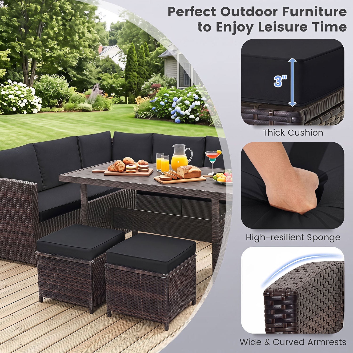 7-Piece wicker patio furniture set with black cushions in dark brown wicker by DirectDeals on Tampa Home & Garden Store
