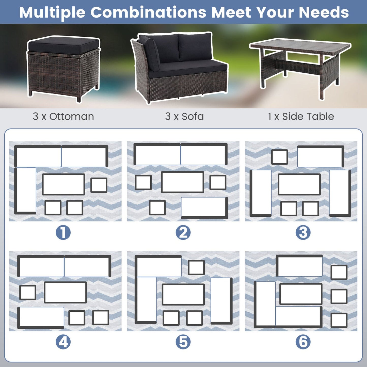 DirectDeals 7-Piece Wicker Patio Set with Cushions: 3 ottomans, 3 sofas, 1 side table on Tampa Home & Garden Store