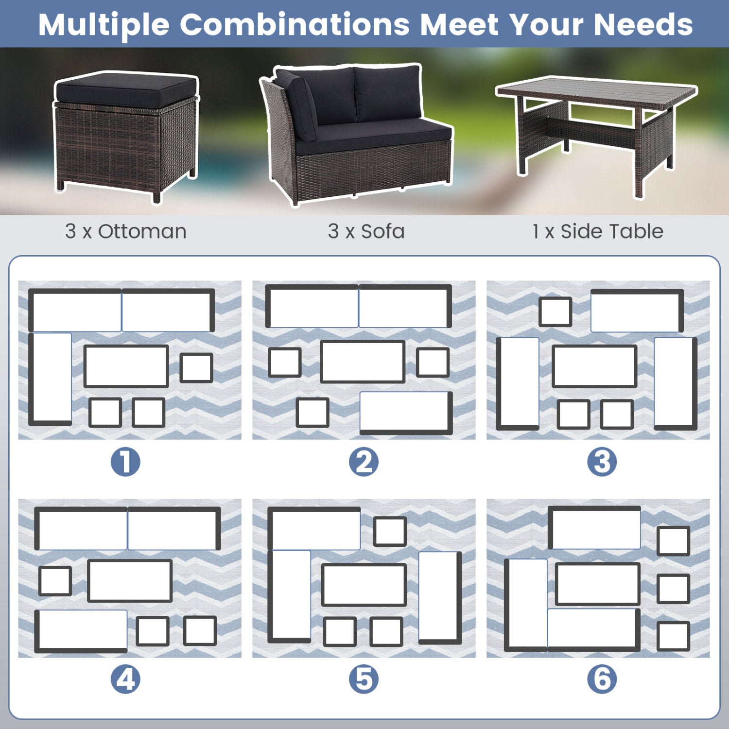 DirectDeals 7-Piece Wicker Patio Set with Cushions: 3 ottomans, 3 sofas, 1 side table on Tampa Home & Garden Store