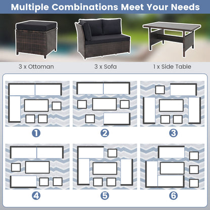DirectDeals 7-Piece Wicker Patio Set with Cushions: 3 ottomans, 3 sofas, 1 side table on Tampa Home & Garden Store