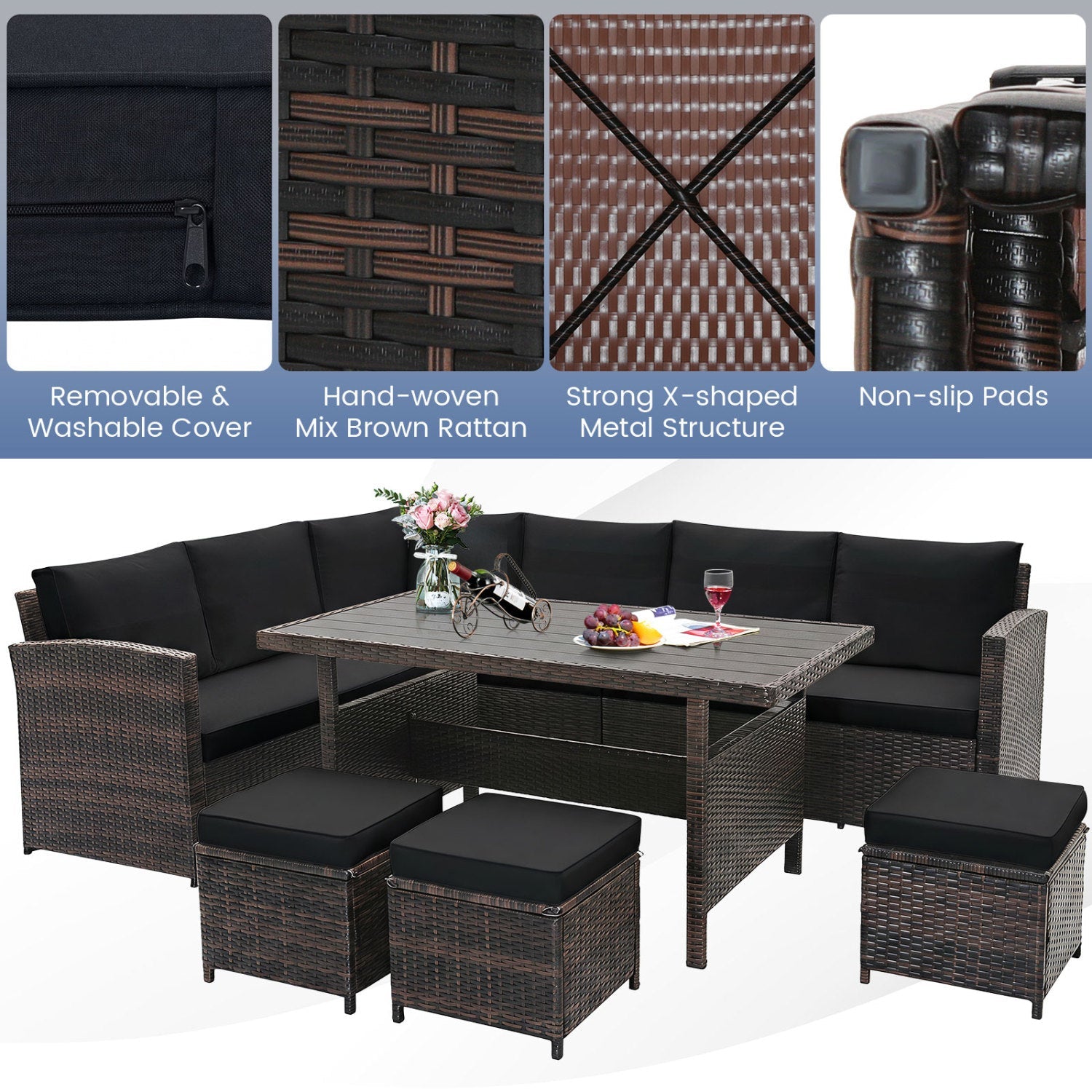 7-Piece wicker patio furniture set with black cushions in hand-woven brown rattan by DirectDeals on Tampa Home & Garden Store