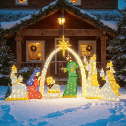 7-piece lighted nativity scene with 310 warm white LED lights and star arch in a snowy yard on Tampa Home & Garden Store