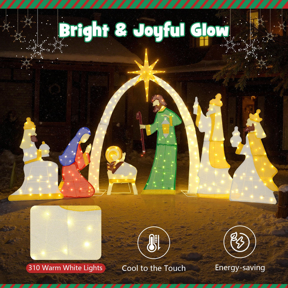 7-piece lighted nativity scene by DirectDeals with 310 warm white LEDs arch star and figures on Tampa Home & Garden Store