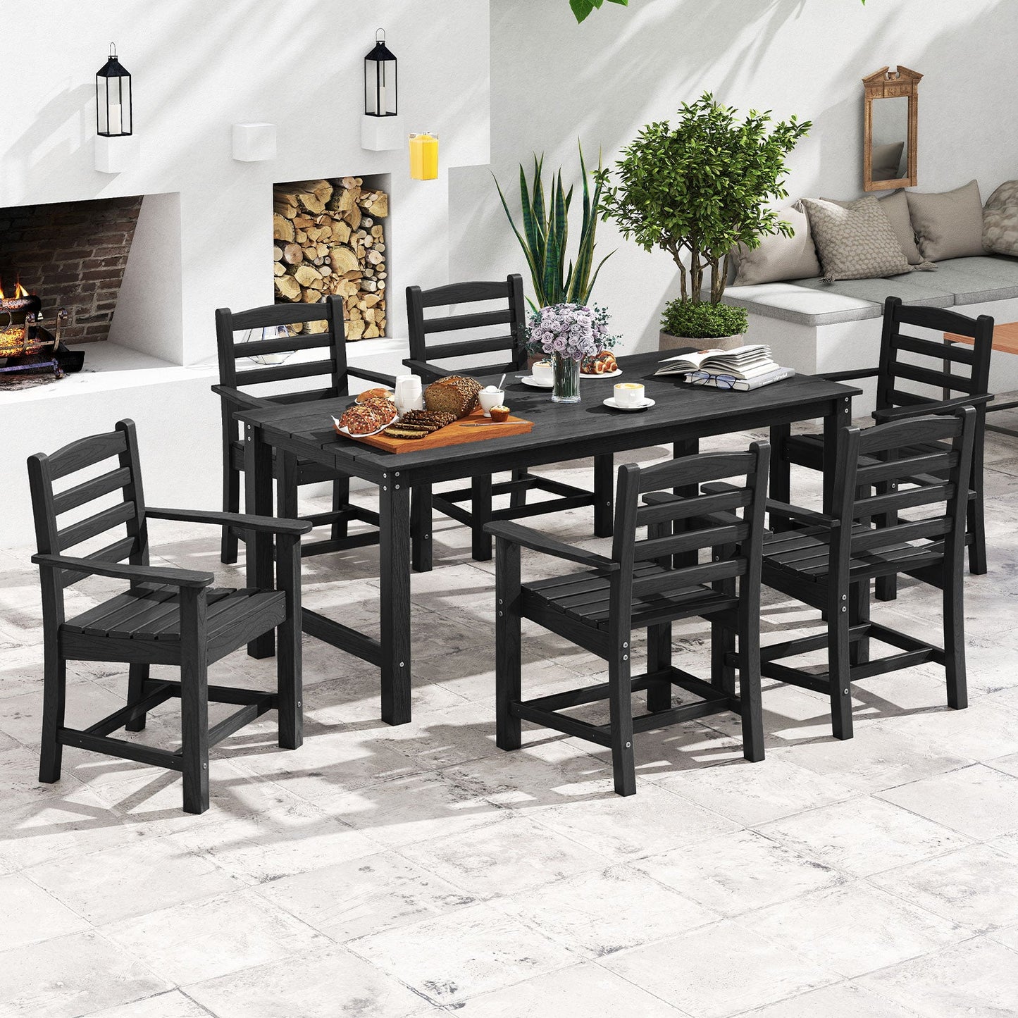 7 Pieces Outdoor Dining Table Set for 6 People 67 Inch HDPE Patio Rectangle Table and 6 Armchairs
