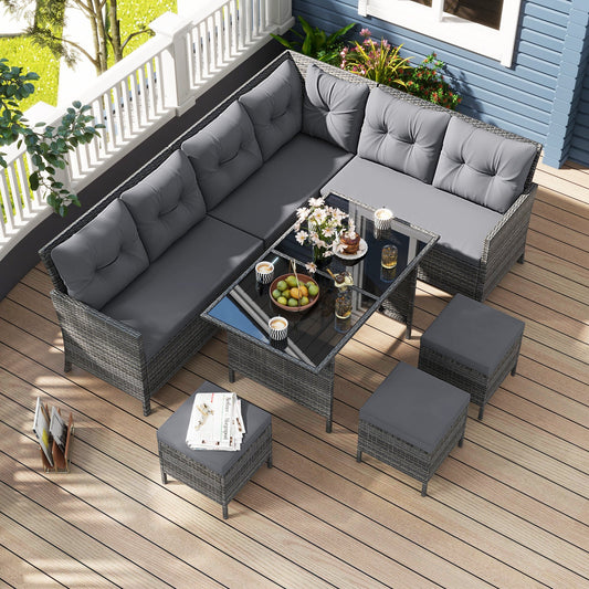 7 Pieces Patio Dining Furniture Set with Soft Cushions and Ottomans - Tampa Home & Garden Store