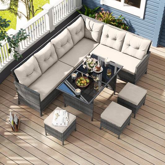 7 Pieces Patio Dining Furniture Set with Soft Cushions and Ottomans - Tampa Home & Garden Store