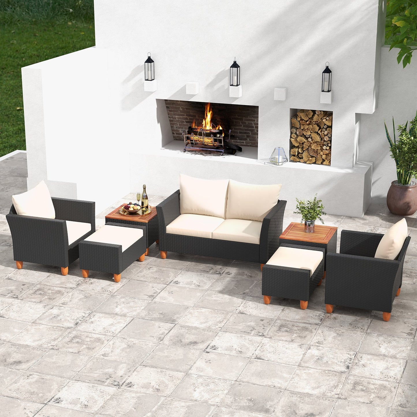 DirectDeals 7-piece PE rattan outdoor set with sofa, chairs and table in white cushions on Tampa Home & Garden Store