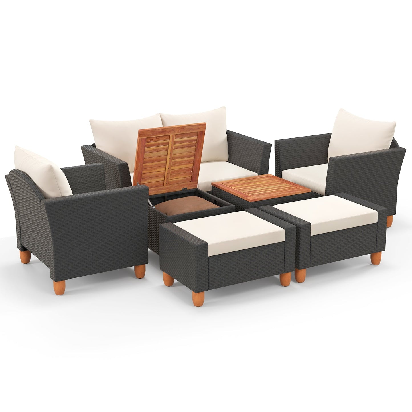 7-Piece PE rattan patio set with dark wicker armchairs and white cushions, coffee table on Tampa Home & Garden Store