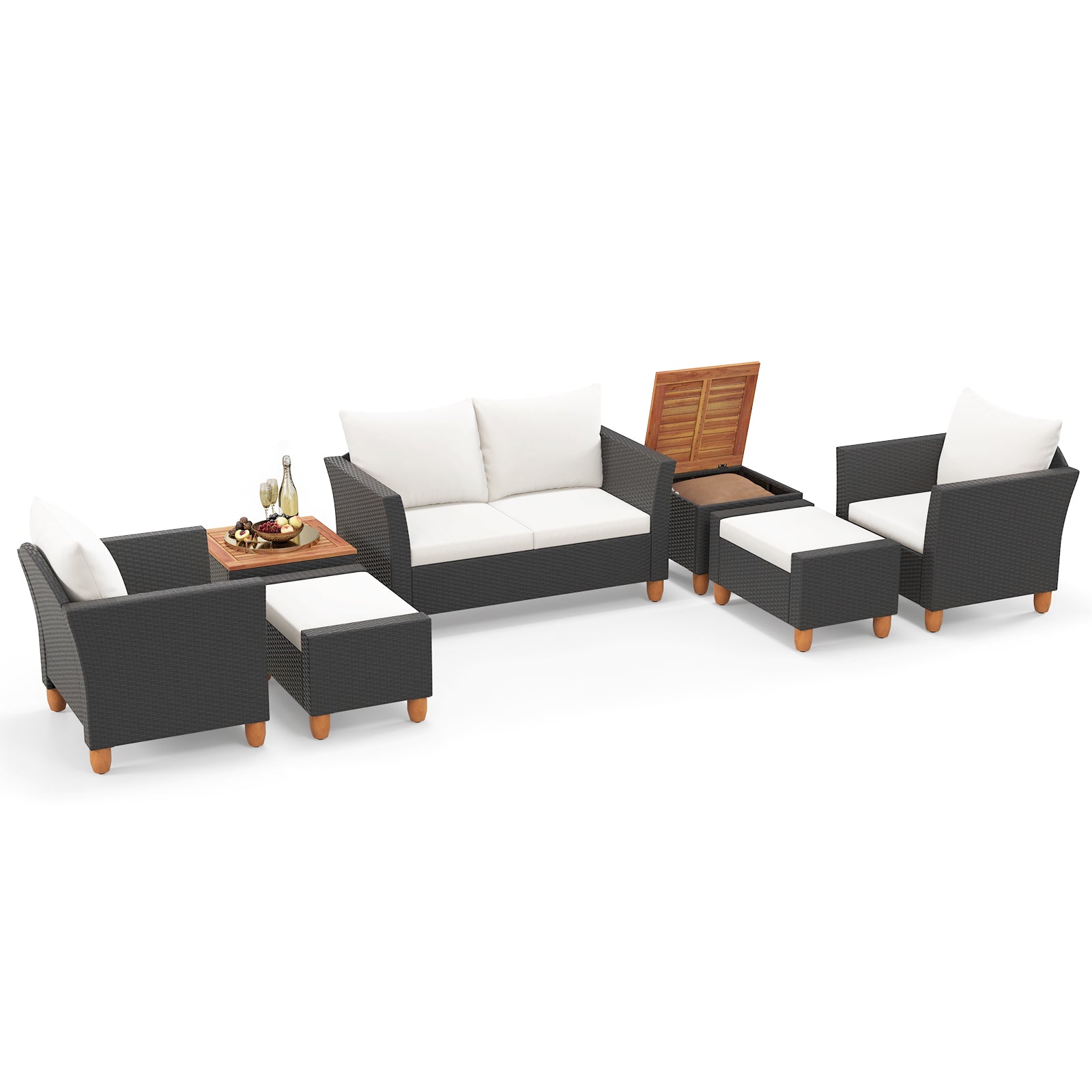 7-Piece PE rattan patio furniture set with sofa and armchairs, white cushions, coffee table on Tampa Home & Garden Store