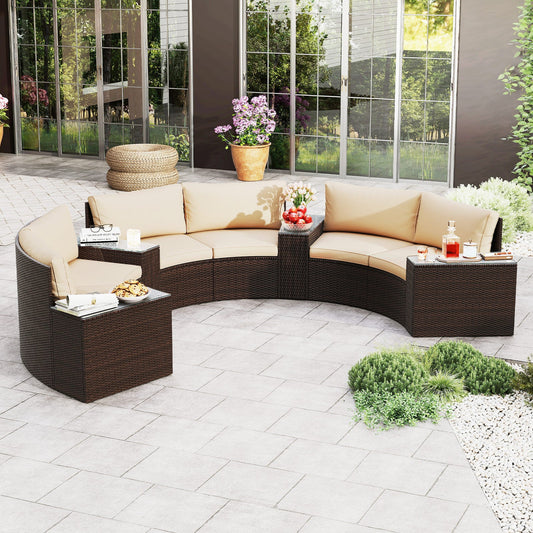 7 Pieces Patio Furniture Set PE Rattan Half-Moon Curved Sofas with Side Tables-Brown - Tampa Home & Garden Store